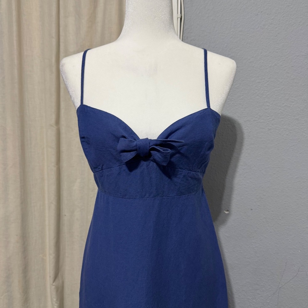 Adeline Cottagecore Blue Linen Blend Midi Dress L Bow Sweetheart Neck Smocked - Picture 3 of 13